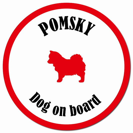 カラフル Dog on board ポンスキー ホワイト&レッド マグネット 車用 直径13cm 丸型 カーマグネット