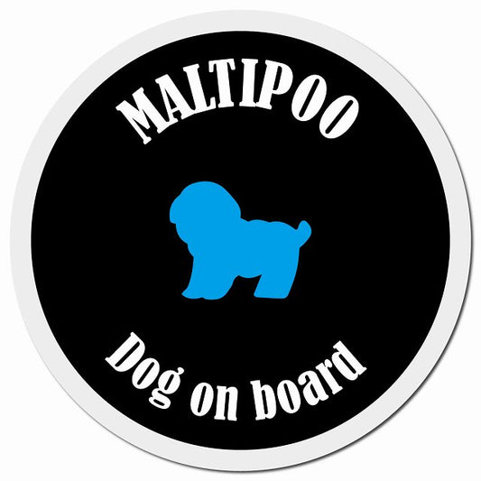 カラフル Dog on board マルプー ブラック&ホワイト マグネット 車用 直径13cm 丸型 カーマグネット