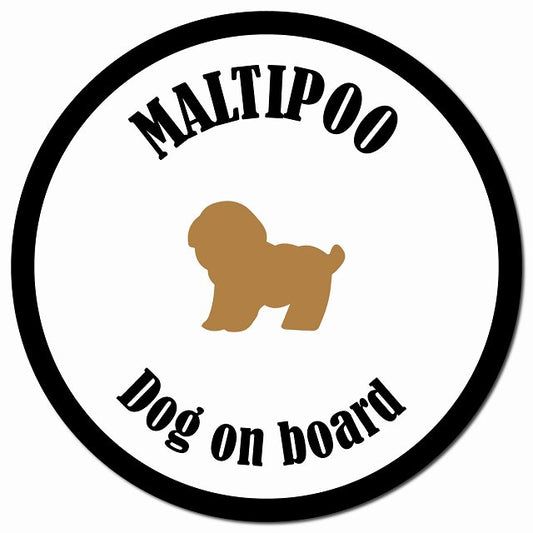 カラフル Dog on board マルプー ホワイト&ブラック マグネット 車用 直径13cm 丸型 カーマグネット