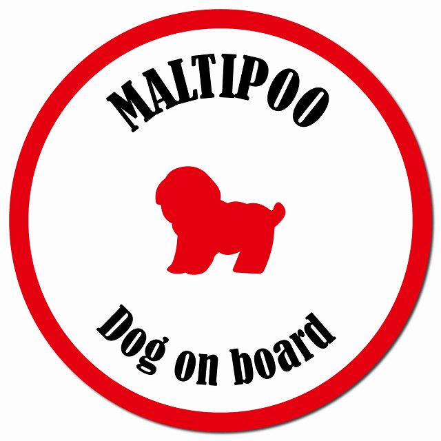 カラフル Dog on board マルプー ホワイト&レッド マグネット 車用 直径13cm 丸型 カーマグネット