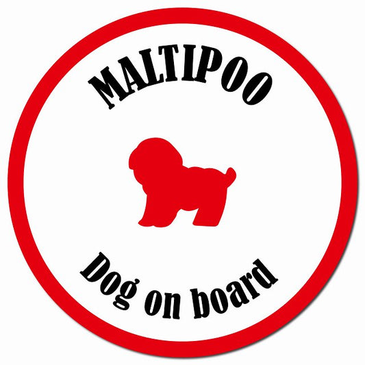カラフル Dog on board マルプー ホワイト&レッド マグネット 車用 直径13cm 丸型 カーマグネット
