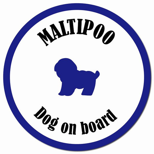 カラフル Dog on board マルプー ホワイト&ネイビー マグネット 車用 直径13cm 丸型 カーマグネット