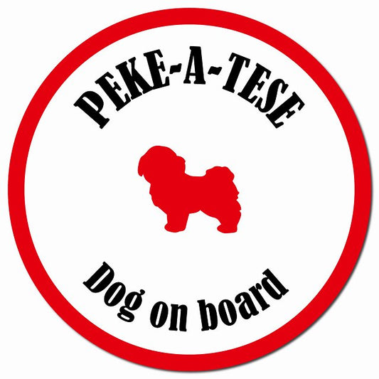 カラフル Dog on board マルペキ ホワイト&レッド マグネット 車用 直径13cm 丸型 カーマグネット