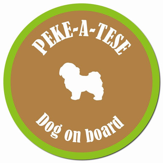 カラフル Dog on board マルペキ ブラウン&グリーン マグネット 車用 直径13cm 丸型 カーマグネット