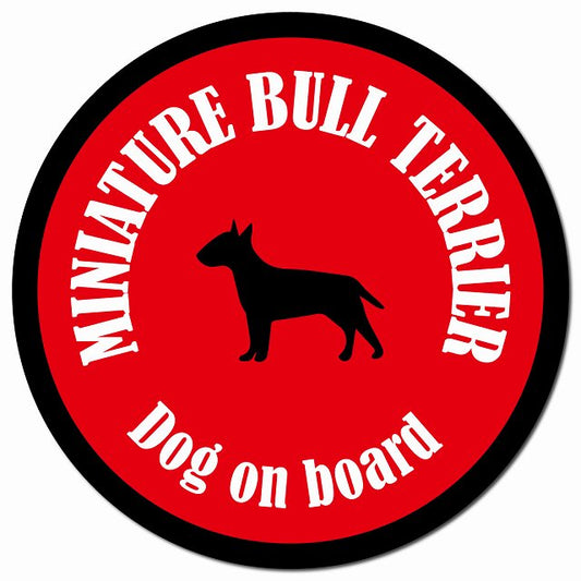 カラフル Dog on board ミニチュアブルテリア レッド＆ブラック マグネット 車用 直径13cm 丸型 カーマグネット