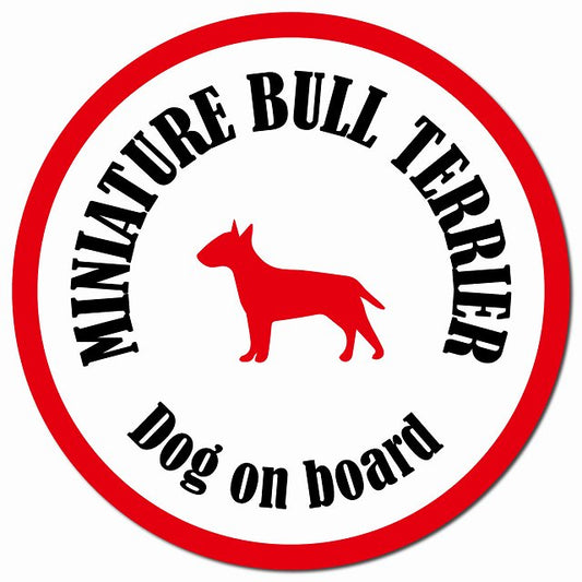 カラフル Dog on board ミニチュアブルテリア ホワイト&レッド マグネット 車用 直径13cm 丸型 カーマグネット
