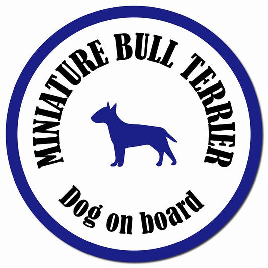 カラフル Dog on board ミニチュアブルテリア ホワイト&ネイビー マグネット 車用 直径13cm 丸型 カーマグネット