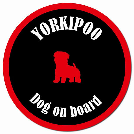 カラフル Dog on board ヨープー ブラック&レッド マグネット 車用 直径13cm 丸型 カーマグネット