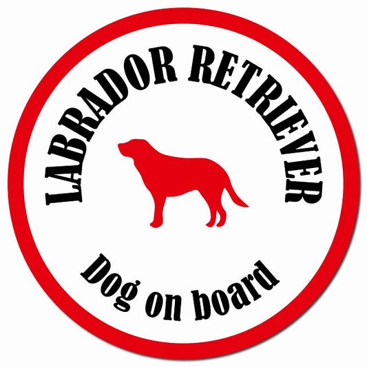 カラフル Dog on board ラブラドールレトリバー ホワイト&レッド マグネット 車用 直径13cm 丸型 カーマグネット