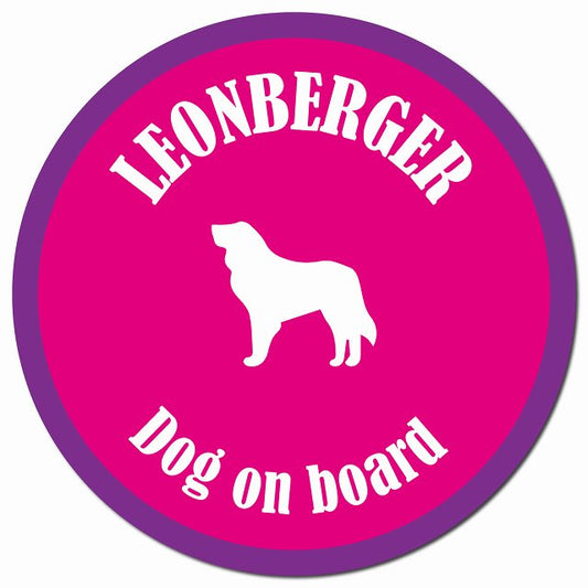 カラフル Dog on board レオンベルガー ピンク&パープル マグネット 車用 直径13cm 丸型 カーマグネット