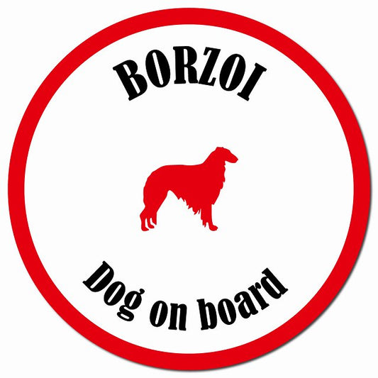 カラフル Dog on board ボルゾイ ホワイト&レッド マグネット 車用 直径13cm 丸型 カーマグネット