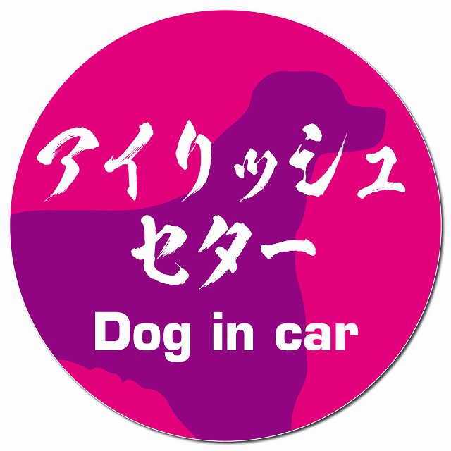 Dog in car アイリッシュセター 毛筆書体 ピンクパープル マグネット 車用 直径13cm 丸型 カーマグネット 表示プレート