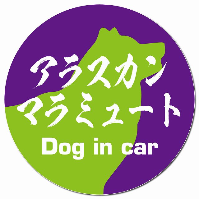 Dog in car アラスカンマラミュート 毛筆書体 パープルグリーン マグネット 車用 直径13cm 丸型 カーマグネット 表示プレート
