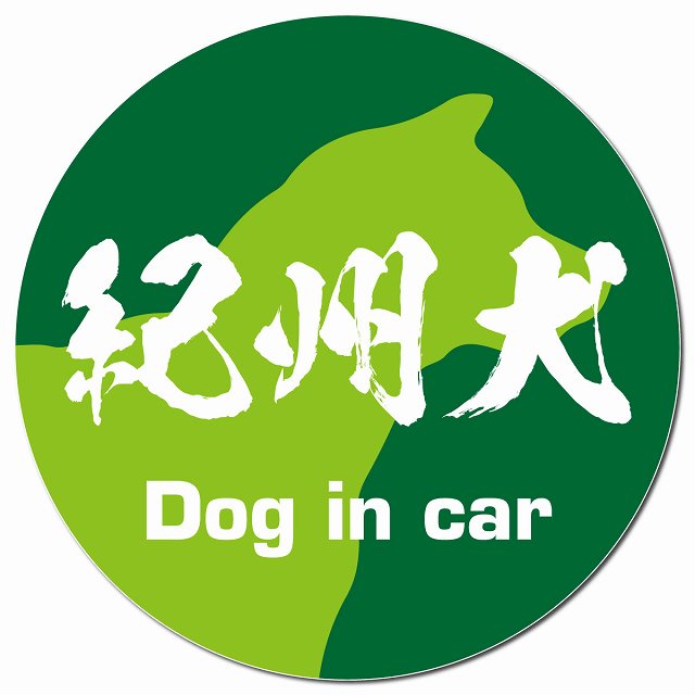 Dog in car 紀州犬 毛筆書体 グリーン マグネット 車用 直径13cm 丸型 カーマグネット 表示プレート
