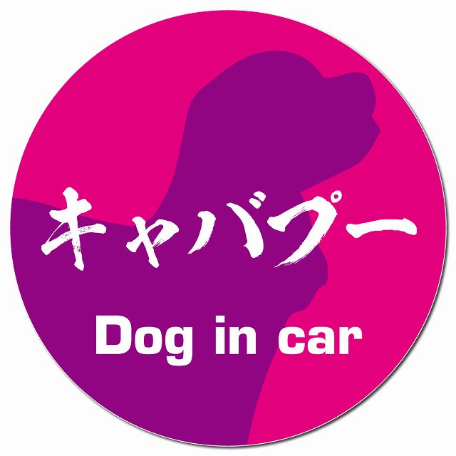 Dog in car キャバプー 毛筆書体 ピンクパープル マグネット 車用 直径13cm 丸型 カーマグネット 表示プレート
