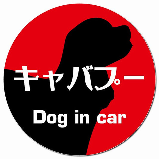 Dog in car キャバプー レトロ書体 レッド マグネット 車用 直径13cm 丸型 カーマグネット 表示プレート