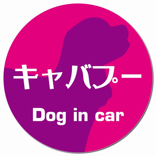 Dog in car キャバプー レトロ書体 ピンクパープル マグネット 車用 直径13cm 丸型 カーマグネット 表示プレート