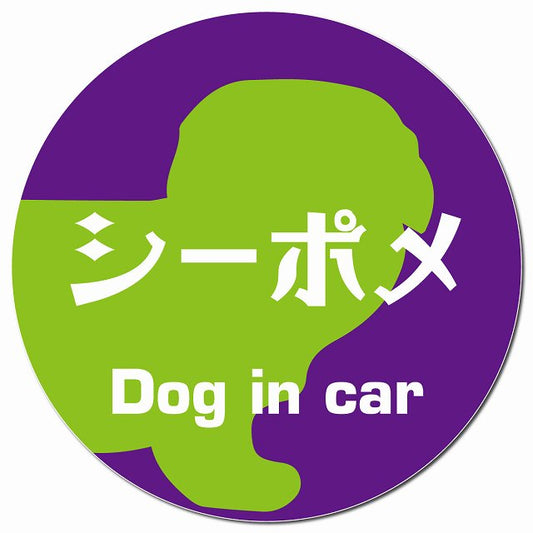 Dog in car シーポメ レトロ書体 パープルグリーン マグネット 車用 直径13cm 丸型 カーマグネット 表示プレート