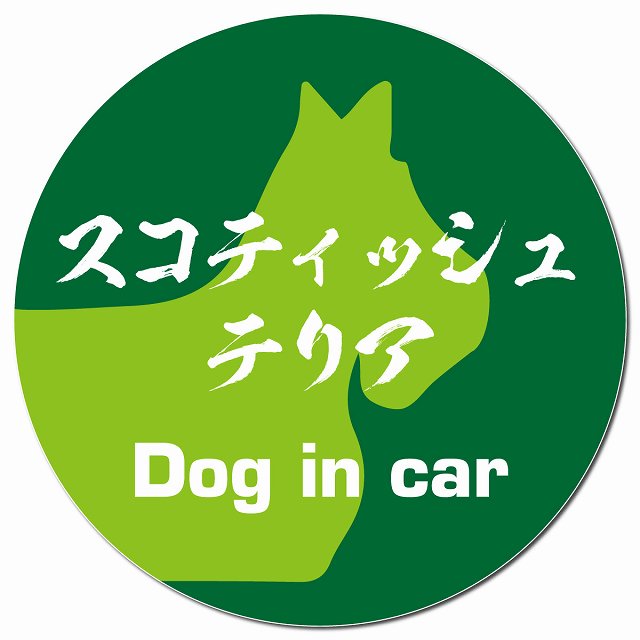 Dog in car スコティッシュテリア 毛筆書体 グリーン マグネット 車用 直径13cm 丸型 カーマグネット 表示プレート