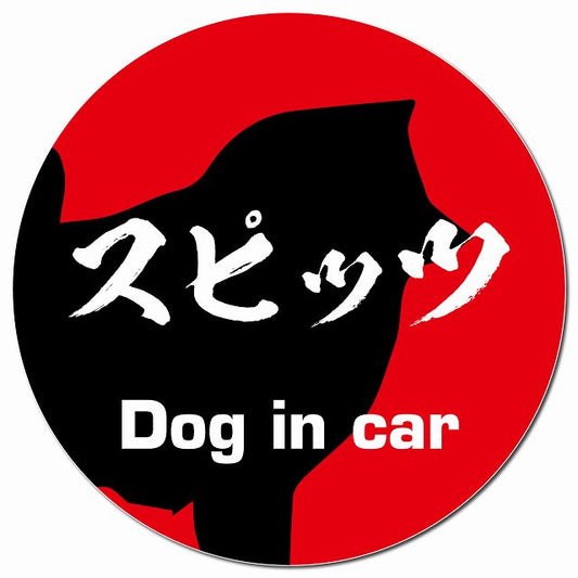 Dog in car スピッツ 毛筆書体 レッド マグネット 車用 直径13cm 丸型 カーマグネット 表示プレート