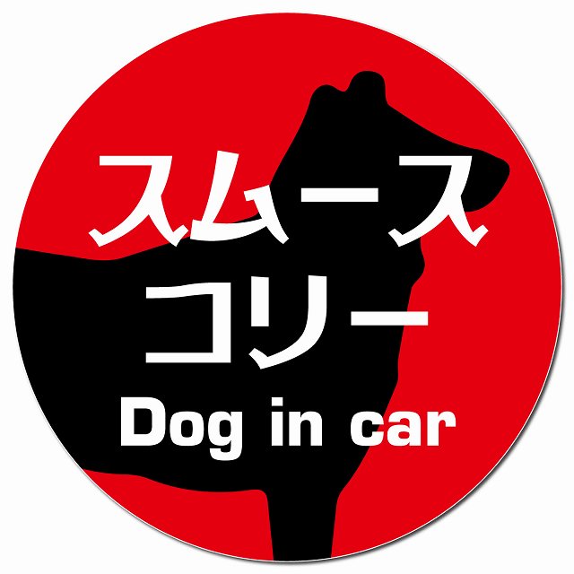 Dog in car スムースコリー レトロ書体 レッド マグネット 車用 直径13cm 丸型 カーマグネット 表示プレート
