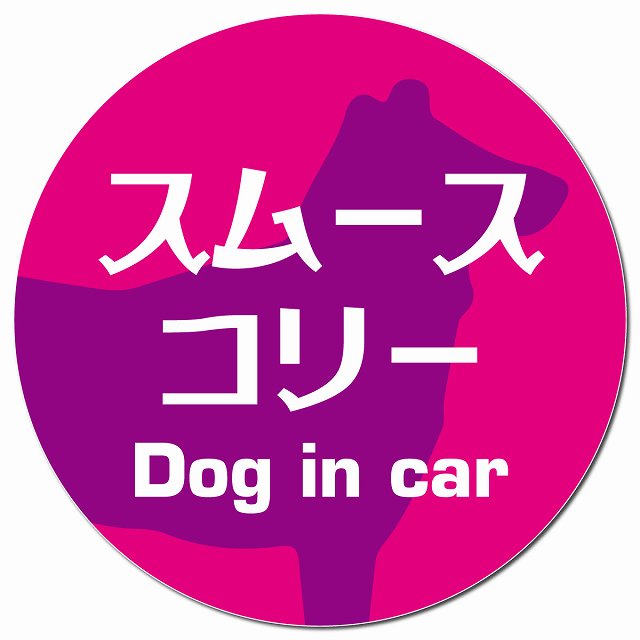 Dog in car スムースコリー レトロ書体 ピンクパープル マグネット 車用 直径13cm 丸型 カーマグネット 表示プレート