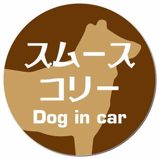Dog in car スムースコリー レトロ書体 ブラウン マグネット 車用 直径13cm 丸型 カーマグネット 表示プレート