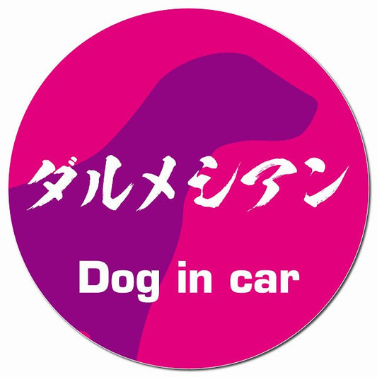 Dog in car ダルメシアン 毛筆書体 ピンクパープル マグネット 車用 直径13cm 丸型 カーマグネット 表示プレート