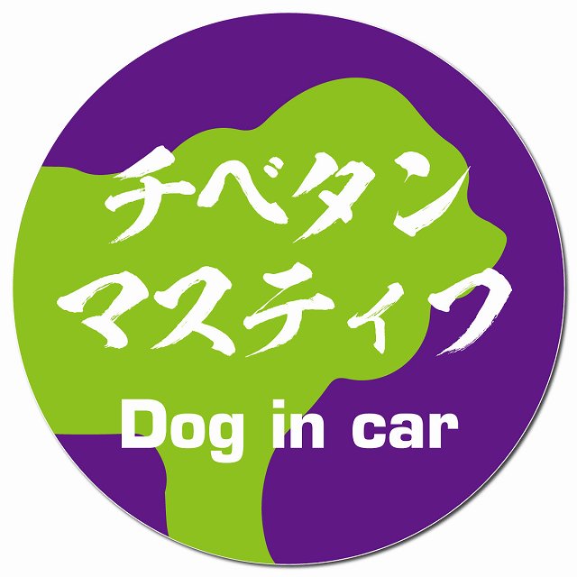 Dog in car チベタンマスティフ 毛筆書体 パープルグリーン マグネット 車用 直径13cm 丸型 カーマグネット 表示プレート