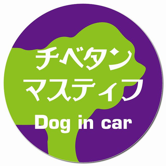 Dog in car チベタンマスティフ レトロ書体 パープルグリーン マグネット 車用 直径13cm 丸型 カーマグネット 表示プレート