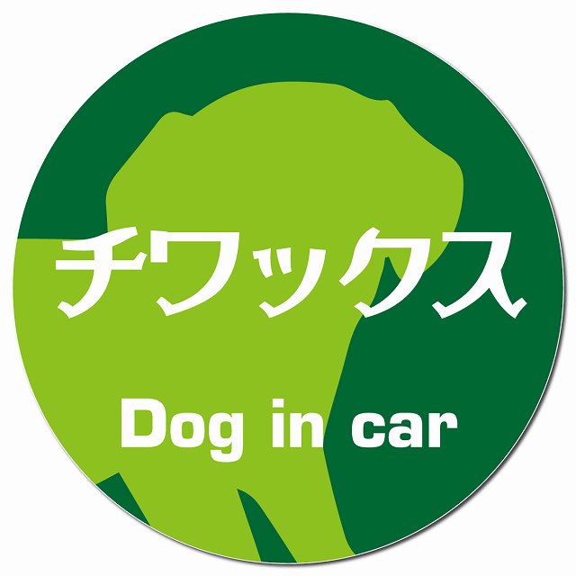 Dog in car チワックス レトロ書体 グリーン マグネット 車用 直径13cm 丸型 カーマグネット 表示プレート