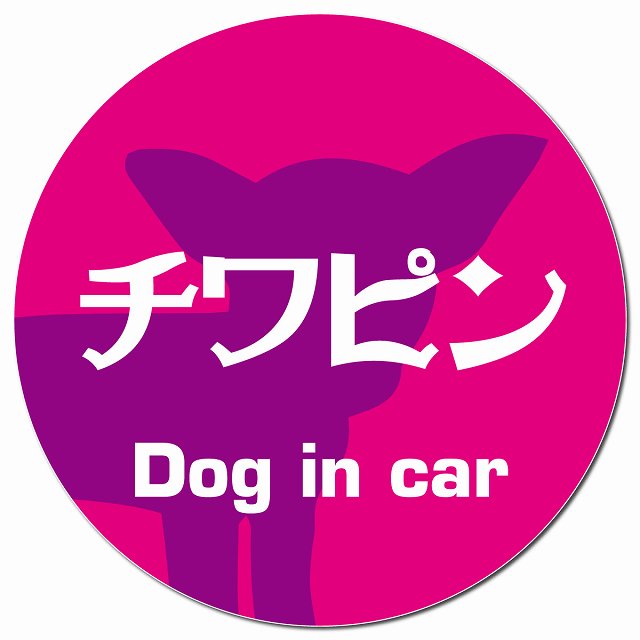 Dog in car チワピン レトロ書体 ピンクパープル マグネット 車用 直径13cm 丸型 カーマグネット 表示プレート