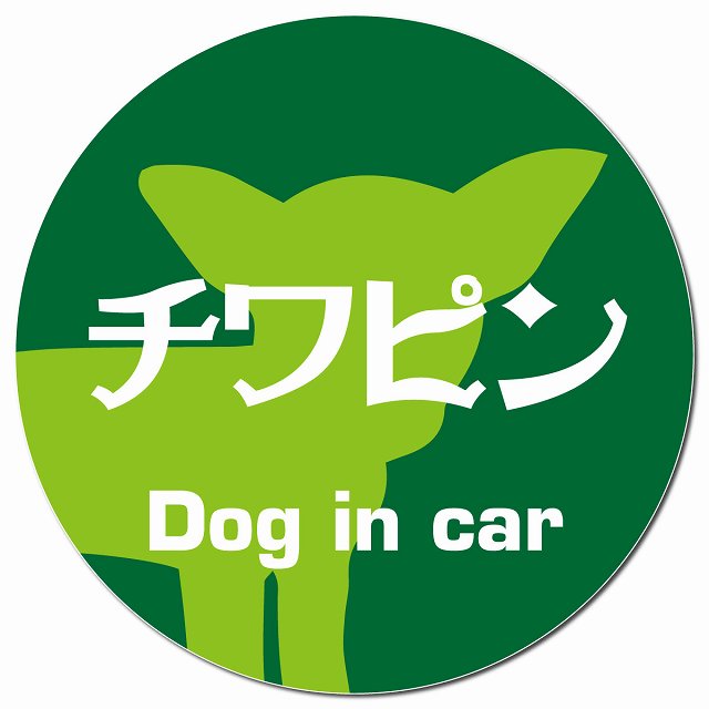 Dog in car チワピン レトロ書体 グリーン マグネット 車用 直径13cm 丸型 カーマグネット 表示プレート