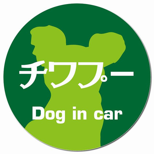 Dog in car チワプー レトロ書体 グリーン マグネット 車用 直径13cm 丸型 カーマグネット 表示プレート