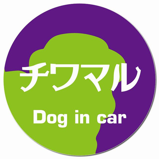 Dog in car チワマル レトロ書体 パープルグリーン マグネット 車用 直径13cm 丸型 カーマグネット 表示プレート