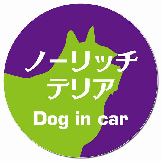 Dog in car ノーリッチテリア レトロ書体 パープルグリーン マグネット 車用 直径13cm 丸型 カーマグネット 表示プレート