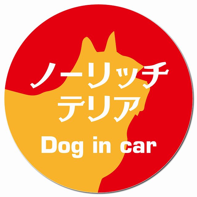 Dog in car ノーリッチテリア レトロ書体 レッドオレンジ マグネット 車用 直径13cm 丸型 カーマグネット 表示プレート