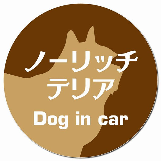 Dog in car ノーリッチテリア レトロ書体 ブラウン マグネット 車用 直径13cm 丸型 カーマグネット 表示プレート