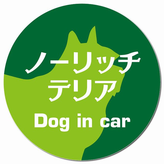 Dog in car ノーリッチテリア レトロ書体 グリーン マグネット 車用 直径13cm 丸型 カーマグネット 表示プレート
