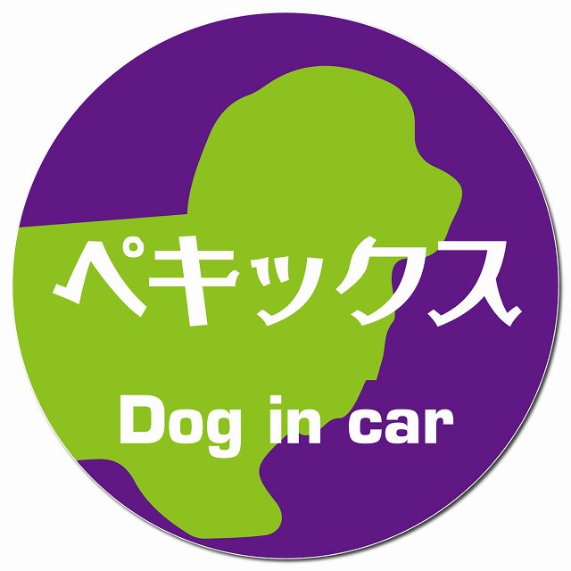 Dog in car ペキックス レトロ書体 パープルグリーン マグネット 車用 直径13cm 丸型 カーマグネット 表示プレート