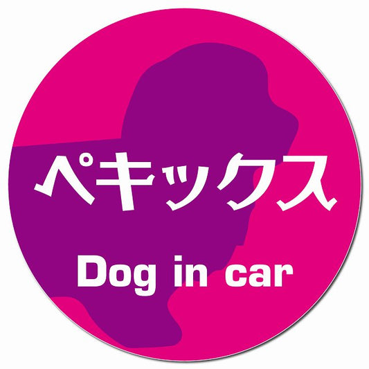 Dog in car ペキックス レトロ書体 ピンクパープル マグネット 車用 直径13cm 丸型 カーマグネット 表示プレート