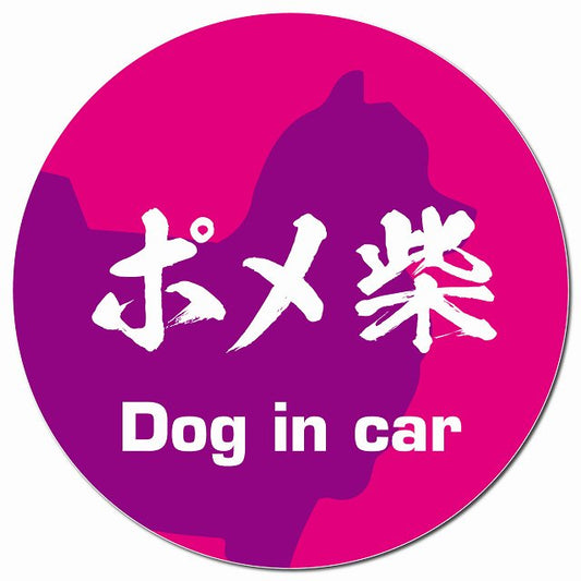 Dog in car ポメ柴 毛筆書体 ピンクパープル マグネット 車用 直径13cm 丸型 カーマグネット 表示プレート