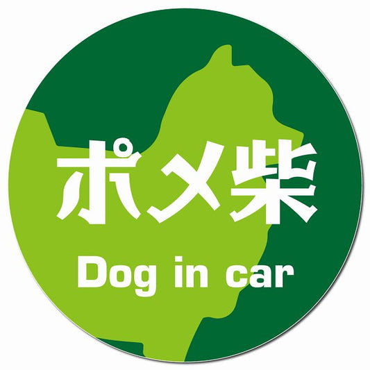 Dog in car ポメ柴 レトロ書体 グリーン マグネット 車用 直径13cm 丸型 カーマグネット 表示プレート