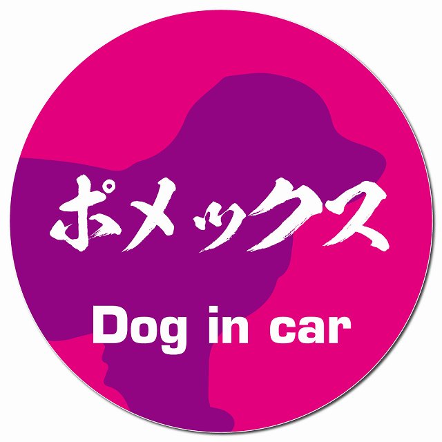 Dog in car ポメックス 毛筆書体 ピンクパープル マグネット 車用 直径13cm 丸型 カーマグネット 表示プレート