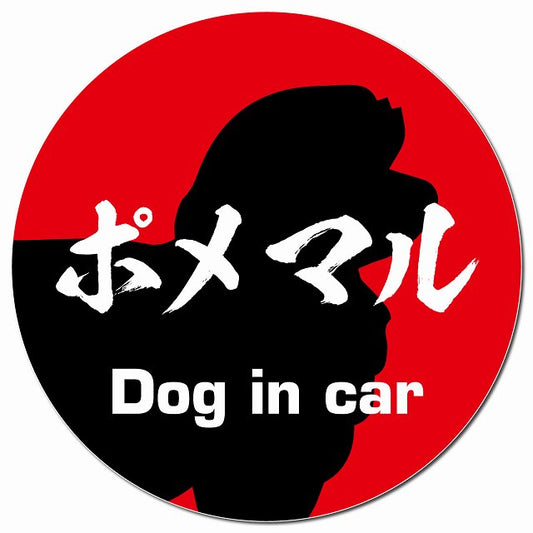 Dog in car ポメマル 毛筆書体 レッド マグネット 車用 直径13cm 丸型 カーマグネット 表示プレート