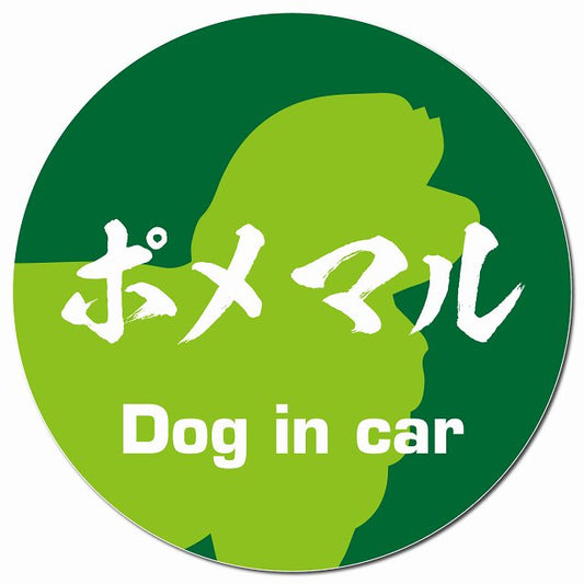 Dog in car ポメマル 毛筆書体 グリーン マグネット 車用 直径13cm 丸型 カーマグネット 表示プレート