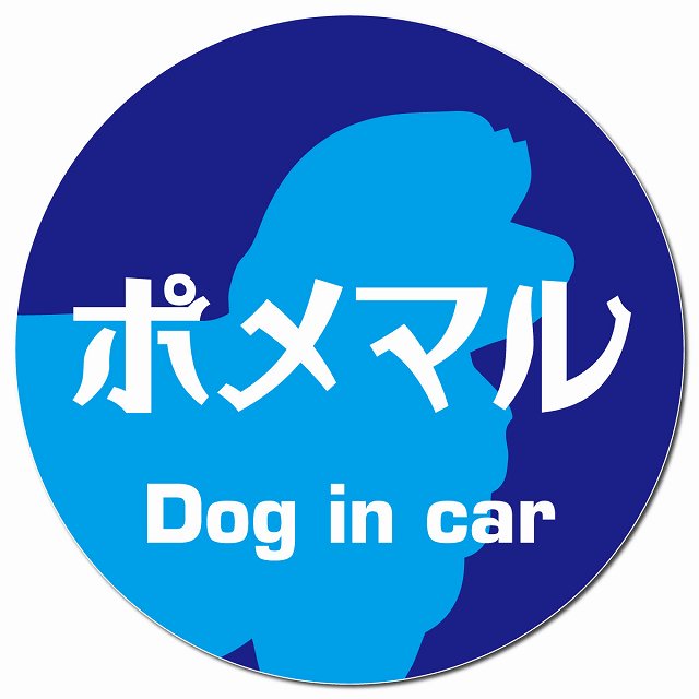Dog in car ポメマル レトロ書体 ブルー マグネット 車用 直径13cm 丸型 カーマグネット 表示プレート