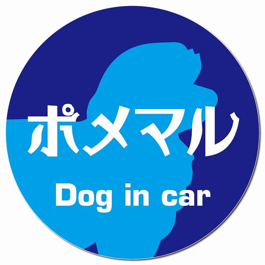 Dog in car ポメマル レトロ書体 ブルー マグネット 車用 直径13cm 丸型 カーマグネット 表示プレート