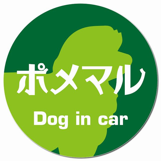 Dog in car ポメマル レトロ書体 グリーン マグネット 車用 直径13cm 丸型 カーマグネット 表示プレート