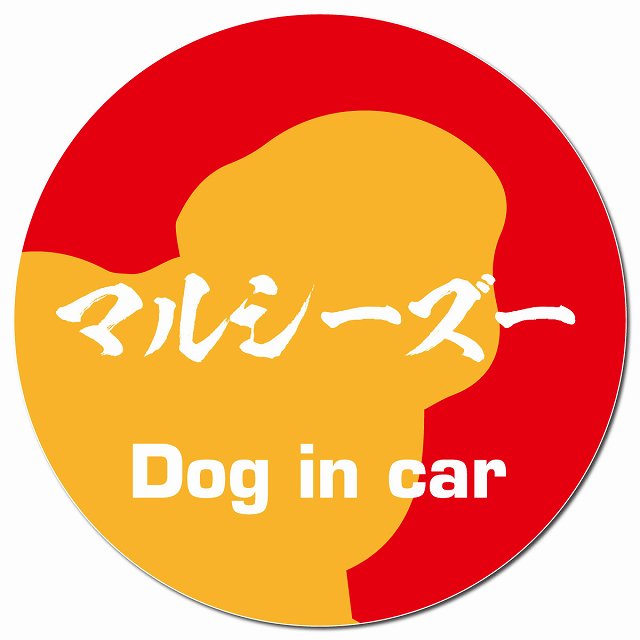 Dog in car マルシーズー 毛筆書体 レッドオレンジ マグネット 車用 直径13cm 丸型 カーマグネット 表示プレート